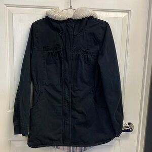 Roxy Navy Jacket size Medium hood, plaid lining, hand pockets, drawstring waist